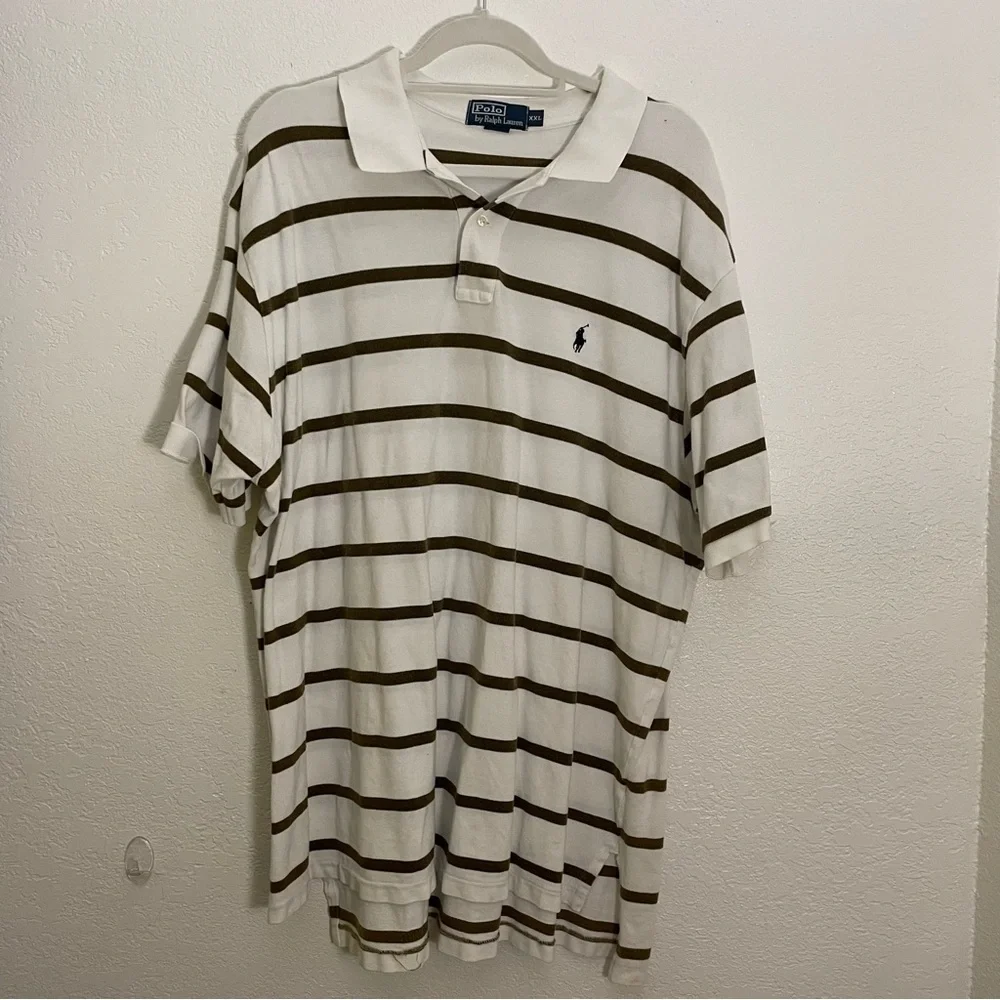 $14 OR 4 for $40 Ralph Lauren Men's White and Brown Striped Polo Shirt XXL READ